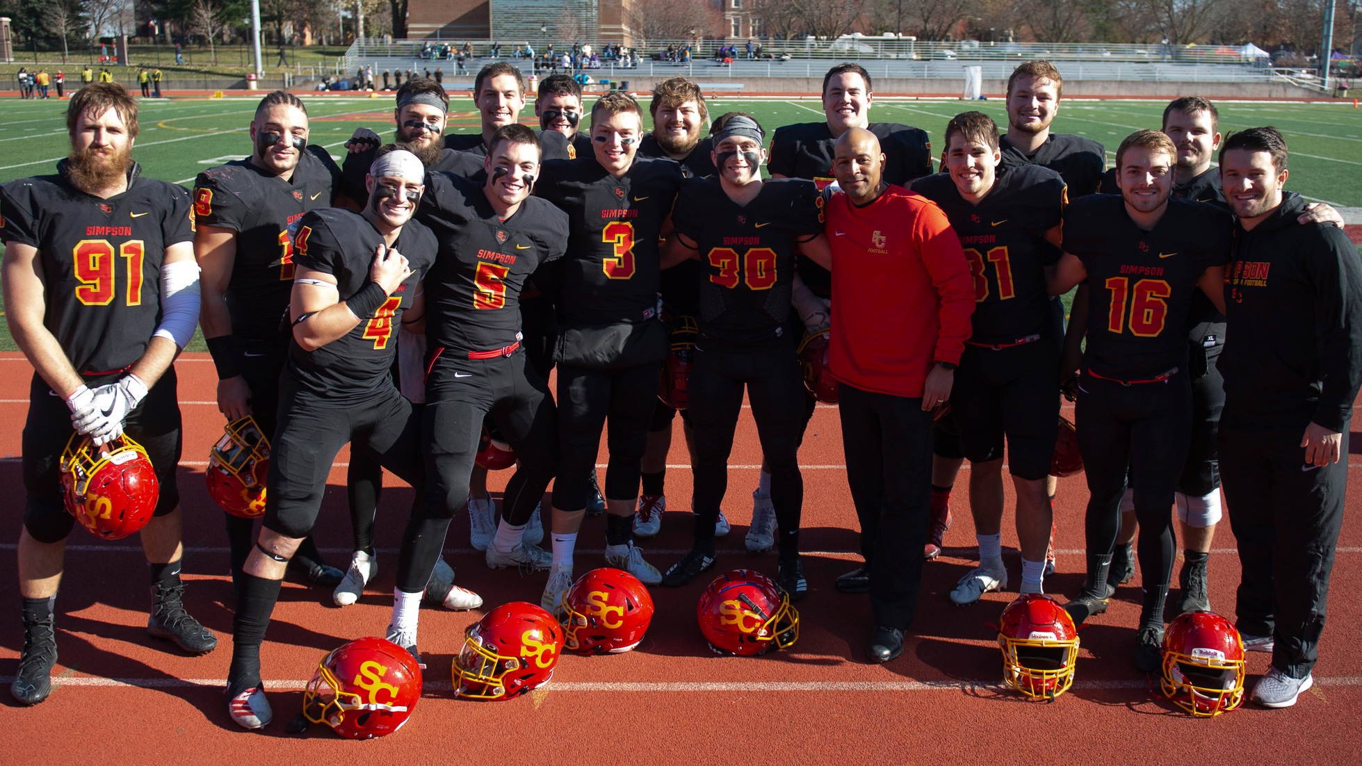 The 2019 Simpson seniors with head coach Matt Jeter.