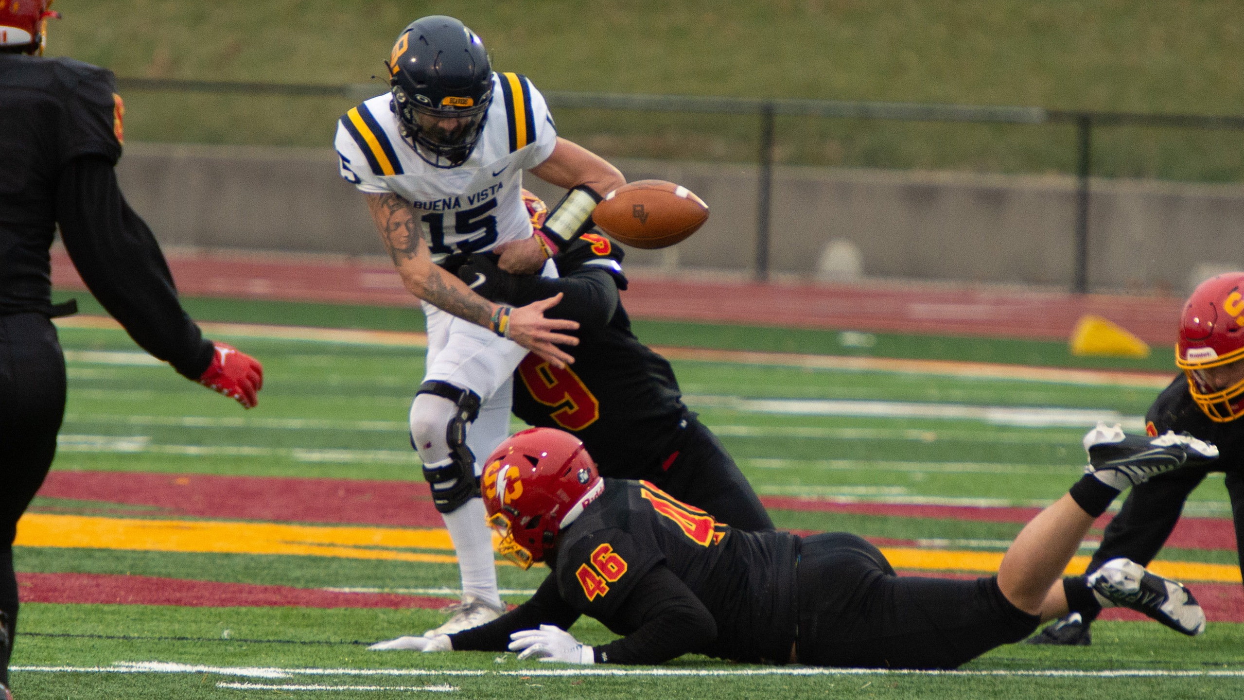 Sophomore Micheal Robinson Jr. forces a fumble with under three minutes left to keep the Storm's comeback hopes alive.