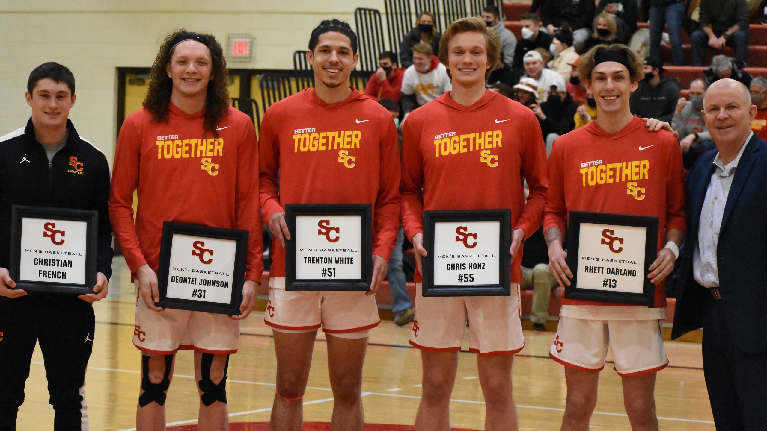L to R - Christian French, Deontei Johnson, Trenton White, Chris Honz, Rhett Darland, Head Coach Brad Bjorkgren (photo by Morgan Flynn)