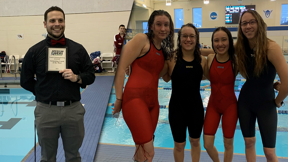 Head Coach Adam Cvetich with Women's Swimming Coach of the Meet Award / Kate. Minette, Katelyn Smith, Breana Hinson, Keelin Curley (L to R)
